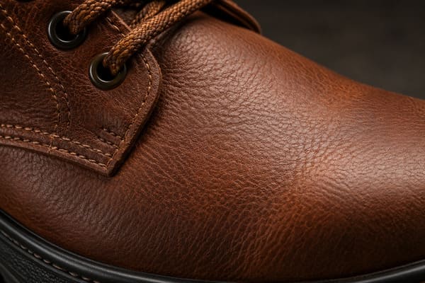 Full-grain leather safety shoes close-up showing natural grain texture
