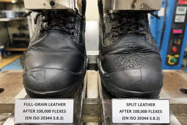 Full-Grain Leather Flex Durability Test Full-grain leather safety shoe flex test result after 50,000 cycles