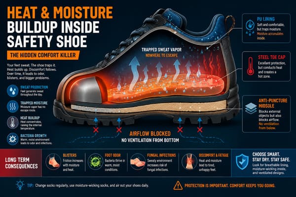 Diagram showing heat and moisture buildup inside a steel toe safety shoe