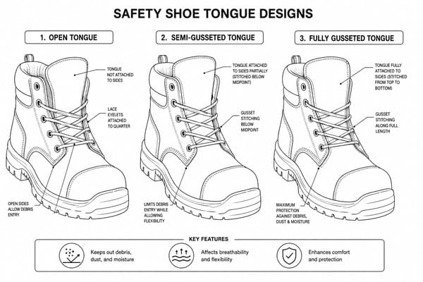 Choosing the right safety shoe tongue design for your work environment\ Types of safety shoe tongue designs for different work environments