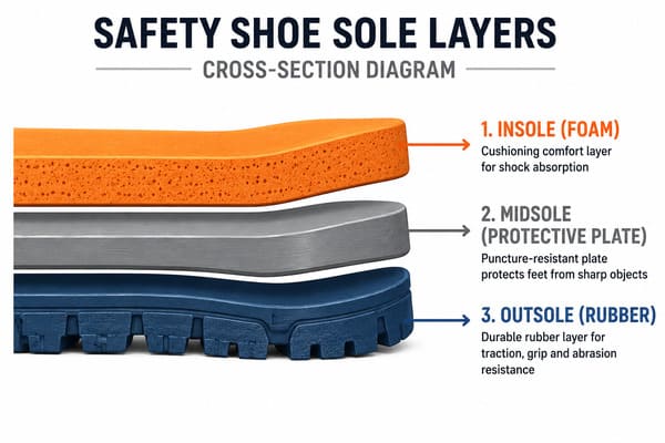 Anti-perforation midsole location in safety shoe construction\ Cross-section diagram of safety shoe sole layers