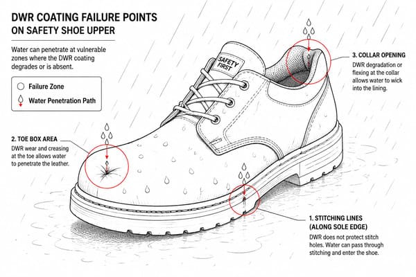DWR Coating Failure Points on Safety Shoe in Rain DWR coating failure points on safety shoe upper in rain
