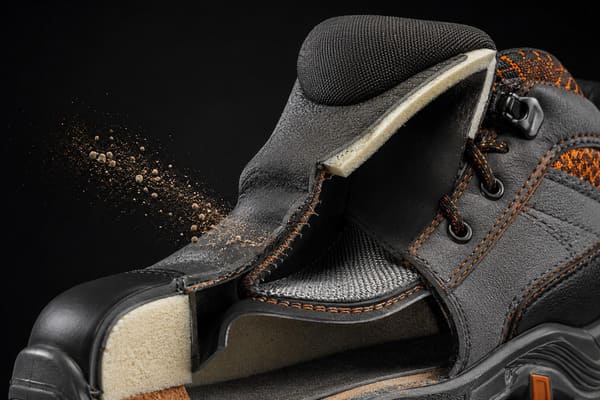 What a gusseted tongue does in safety footwear\ Gusseted tongue safety shoe construction detail