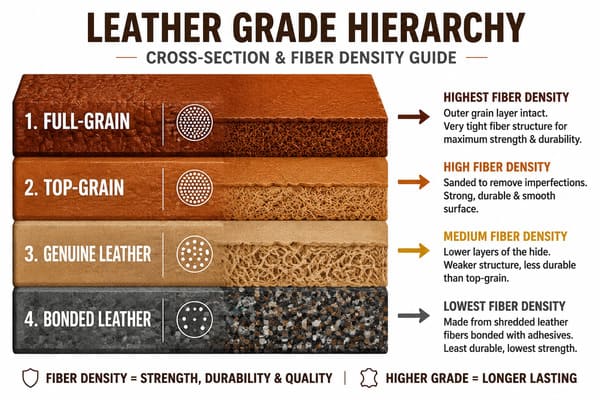 Leather grade diagram showing full-grain, top-grain, genuine leather, and bonded leather layers