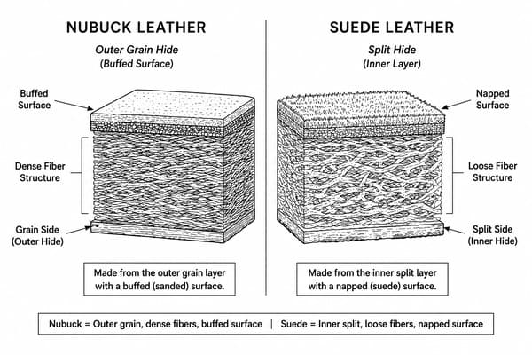 Nubuck vs suede leather texture comparison for safety shoe uppers
