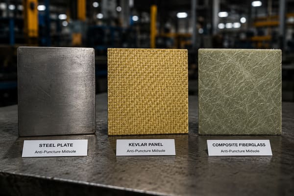 Steel vs Kevlar vs composite safety shoe midsole materials\ Three types of anti-puncture midsole materials comparison