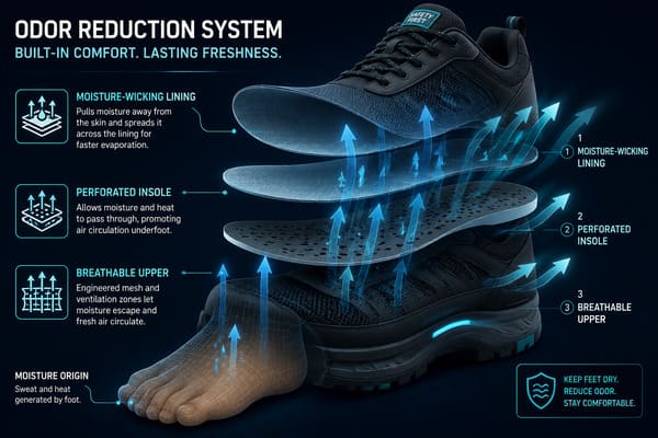 odor reduction moisture-wicking lining safety shoes system
