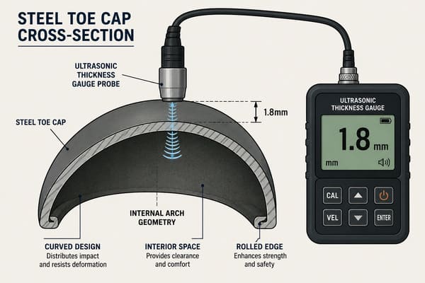 Steel toe cap thickness quality control ultrasonic\ Steel toe cap thickness measurement and quality control