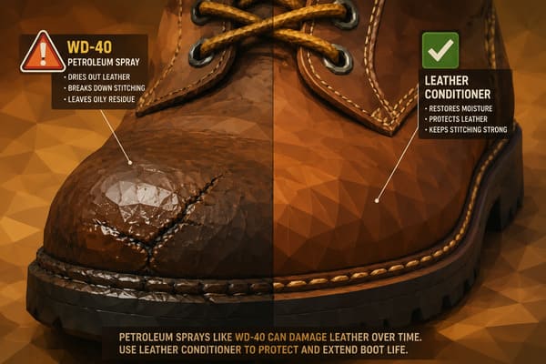 WD-40 Effect on Leather Safety Boot Upper WD-40 effect on leather safety boot upper and stitching degradation