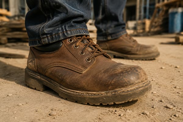 Worker wearing full-grain leather safety shoes on industrial job site