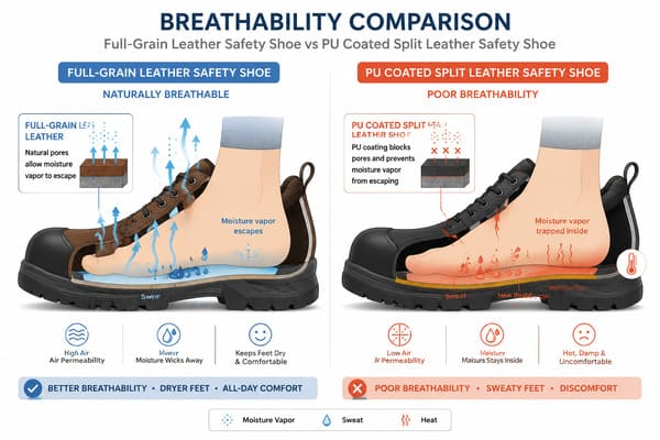 Safety Shoe Breathability Full-Grain vs Split Leather Breathability comparison full-grain leather vs PU coated split leather safety shoes