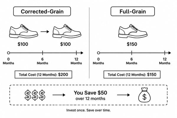 Cost comparison chart showing full-grain vs standard leather safety shoe total cost over time