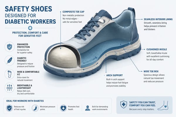Safety shoes designed for diabetic workers with composite toe and seamless lining