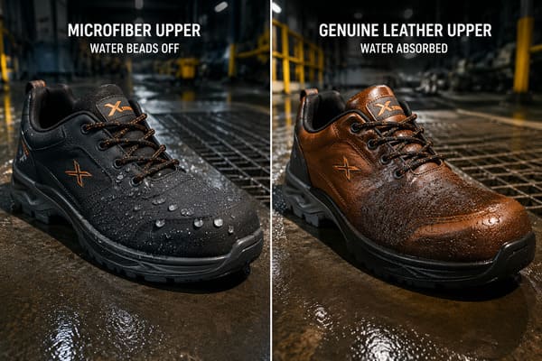 Microfiber vs Genuine Leather in Safety Shoes Microfiber vs genuine leather safety shoe upper material comparison