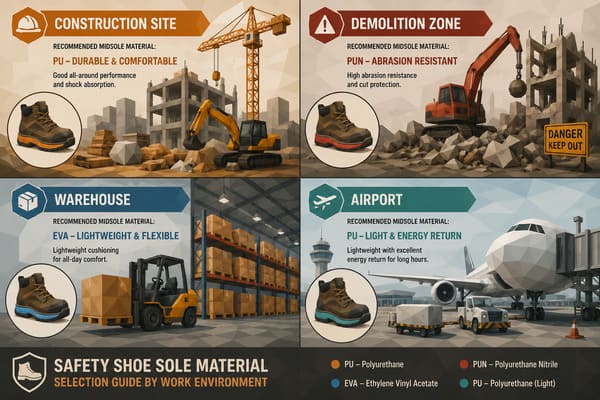Best material for safety shoe outsole and midsole by work environment\ Best sole materials for different safety shoe applications