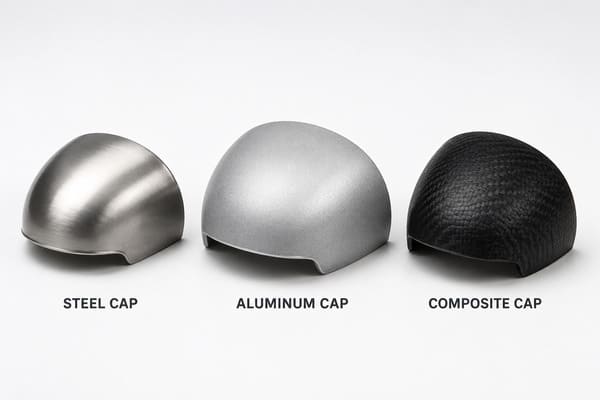 Steel vs aluminum vs composite toe cap comparison\ Three types of safety shoe toe cap materials