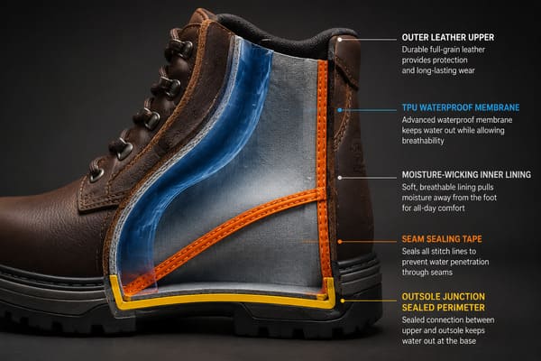 Waterproof Safety Shoe Upper Construction Cross-Section cross-section of truly waterproof safety shoe upper construction layers