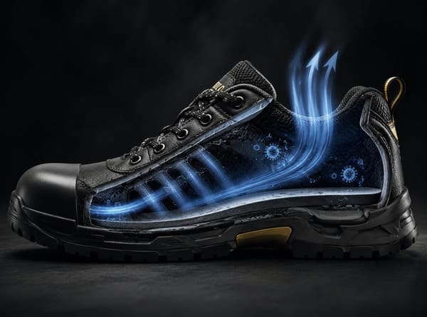 Breathable mesh lining inside steel toe safety shoe