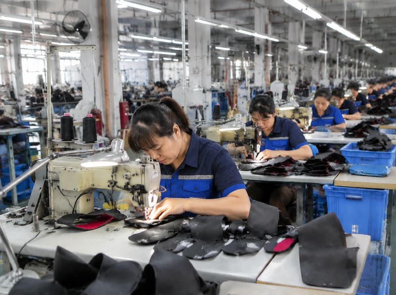 Stitching floor with industrial sewing machines