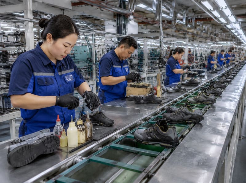 Assembly line with lasting and cementing operations