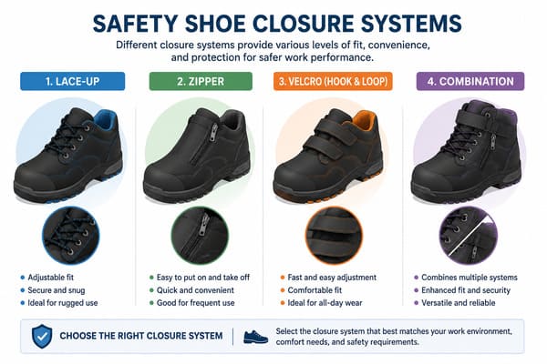 Safety Shoe Closure Systems Overview Different closure systems used in safety shoes