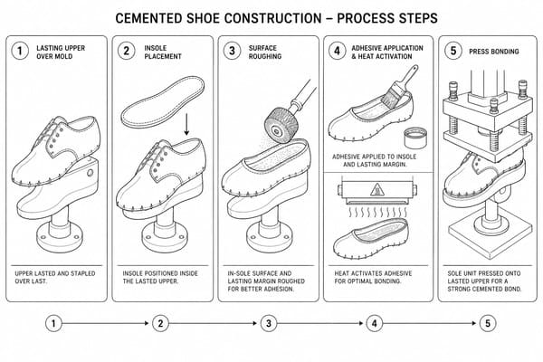 Cemented construction process steps in safety shoes