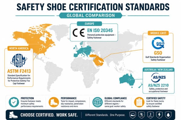Safety shoe certification standards by market Safety shoe certifications EN ISO 20345 ASTM F2413
