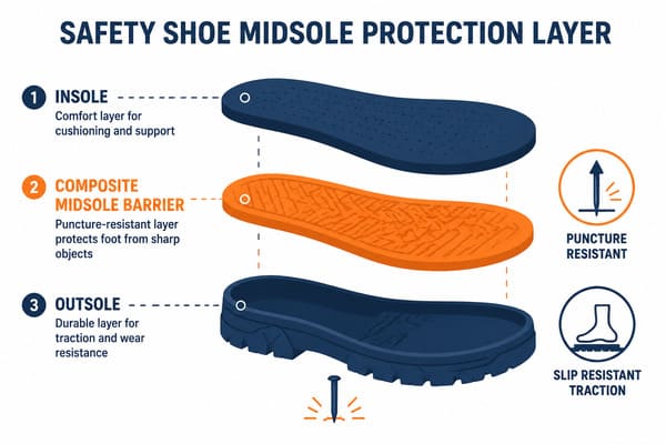 Safety shoe midsole puncture protection layer diagram