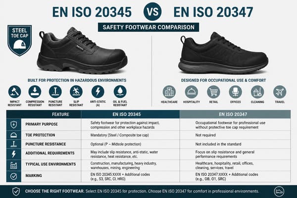 EN ISO 20345 vs EN ISO 20347 safety footwear comparison chart