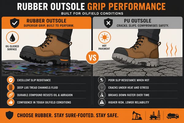 Benefits of Rubber Outsole in Safety Shoes Rubber outsole grip performance comparison on oilfield terrain