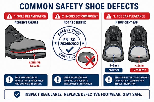 Most Common Quality Issues in Safety Shoe Orders from China common safety shoe quality defects sole delamination certification failure size inconsistency
