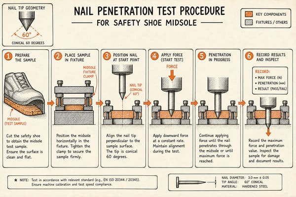 Safety Shoe Nail Penetration Test Procedure Nail penetration test process for safety shoe midsoles
