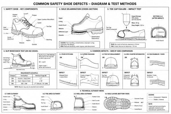 Most common quality problems Chinese safety shoes sole delamination toe cap failure Common quality defects in safety shoes from China