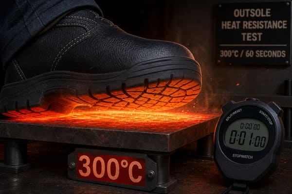 HRO Outsole Heat Resistance Test Standard EN ISO 20345\ HRO outsole heat resistance test at 300 degrees Celsius