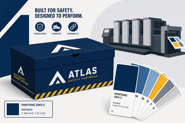 Logo and Brand Color Printing on Safety Shoe Packaging logo printing safety shoe box pantone color matching