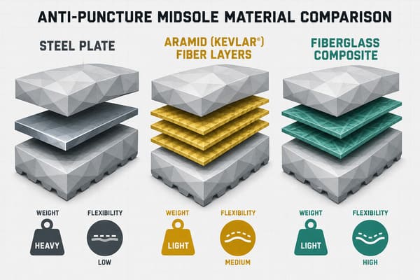 Anti-Puncture Safety Shoe Midsole Materials Comparison Anti-puncture midsole materials steel aramid kevlar fiberglass
