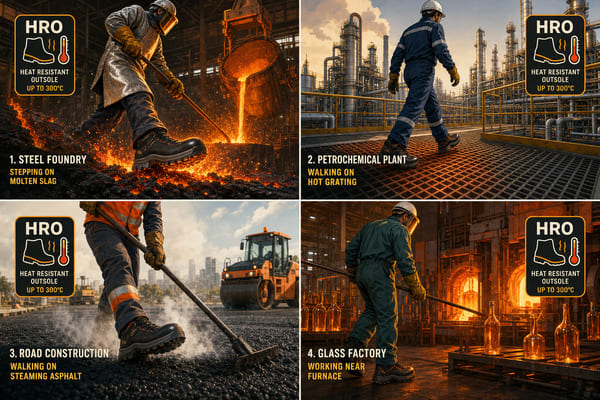 Industries That Require HRO Rated Safety Shoes\ Industries requiring HRO safety shoes steel foundry petrochemical road construction