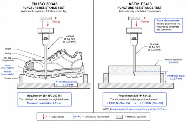 EN ISO 20345 vs ASTM F2413 Safety Shoe Puncture Resistance Differences EN ISO 20345 vs ASTM F2413 puncture resistance test differences