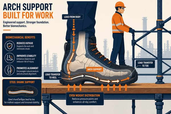 Safety shoe arch support and shank function