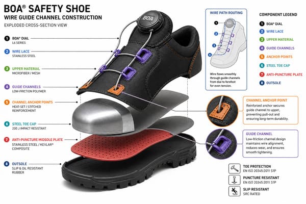 How Does a BOA Closure System Work in Safety Shoes BOA system wire guide channel safety shoe upper construction