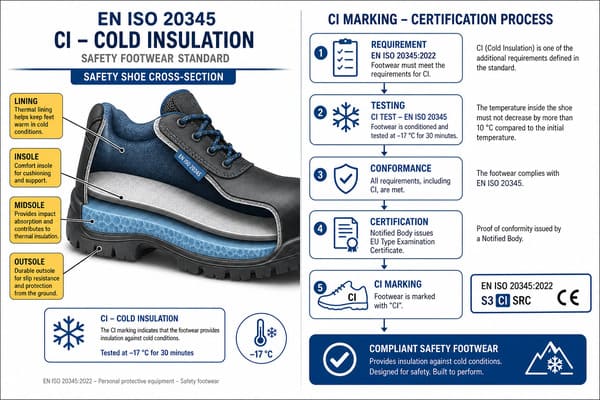 CI Marking in Safety Footwear Standards CI marking EN ISO 20345 cold insulation safety shoe standard