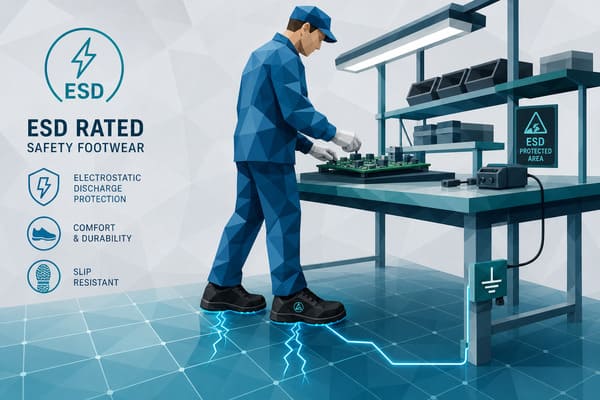 ESD rated safety footwear for electronics manufacturing