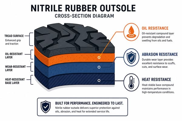 Key Properties of a Nitrile Rubber Outsole Key properties of nitrile rubber outsole including oil resistance and abrasion resistance