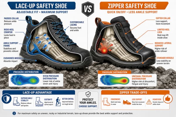 Which Safety Shoe Closure Offers Better Protection – Lace-Up or Zipper? Safety shoe protection comparison lace-up vs zipper closure on uneven terrain