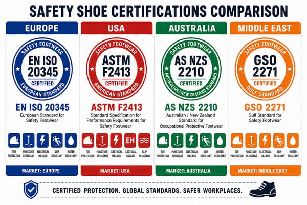 Safety shoe certifications EN ISO 20345 ASTM F2413 AS NZS 2210