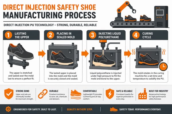 Direct injection safety shoe manufacturing process mold and PU injection
