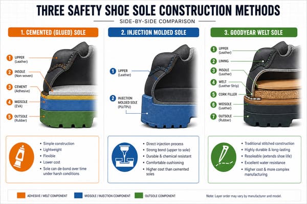 Safety Shoe Construction Methods Compared Comparison of cemented vs injection molded vs Goodyear welt safety shoe construction