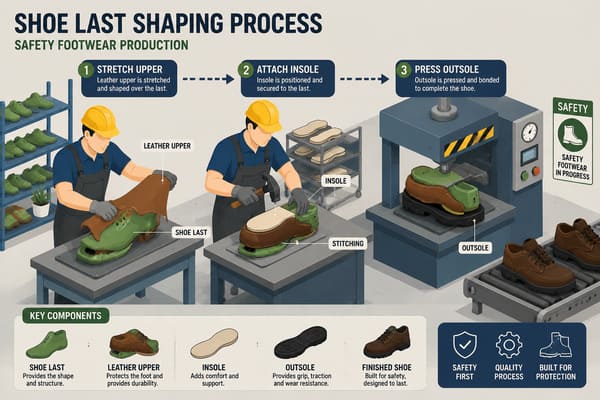 Shoe last shaping process in safety footwear factory