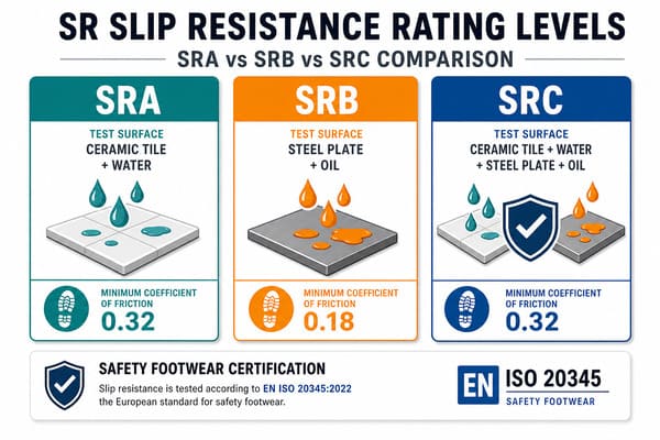 SR Rating Levels — SRA SRB SRC Explained\ SR slip resistance rating levels for safety footwear