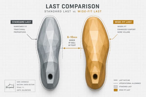 Cross-section diagram of wide-fit safety shoe last versus standard last